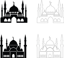 Silhouette of a mosque with large central dome and tall minarets, flat black vector design