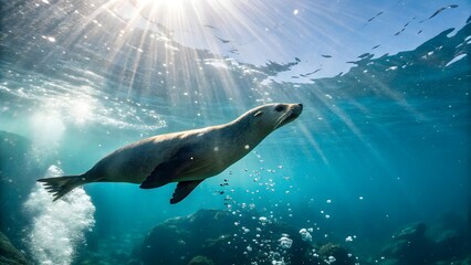 Obraz premium Majestic Seal Gracefully Swims Through Sunlit Ocean Waters Below Surface