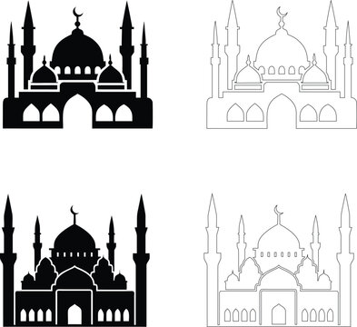 Silhouette of a mosque with large central dome and tall minarets, flat black vector design