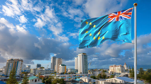Tuvalu flag waves proudly on Independence Day against a vibrant city backdrop
