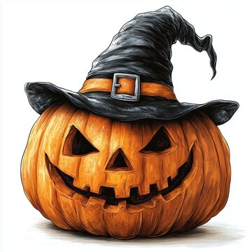 An evil pumpkin wearing a witch's hat on a white background. Halloween