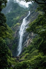 Obraz premium Majestic waterfall cascading through lush greenery, enveloped in