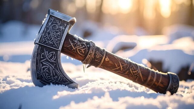 Ornate axe in winter snow