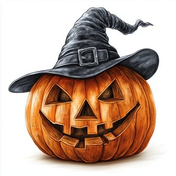 An evil pumpkin wearing a witch's hat on a white background. Halloween