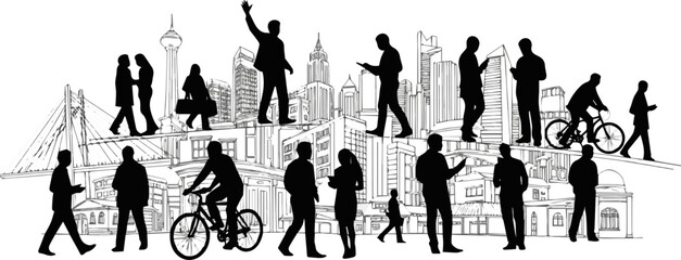 
Create a Silhouette of people, architecture sketch people in many actions2 vector art with white background.