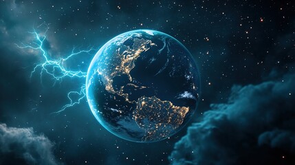 Fototapeta premium Earth Under Cosmic Starry Sky, Lightning and Nebula Interweaving, Sci - Fi Space Scene