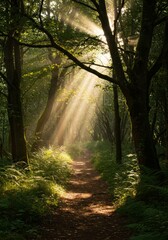 Obraz premium Sunlit Forest Path: Golden Rays Illuminate a Tranquil Woodland Trail
