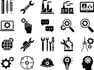 Obraz premium Engineering and industry icon set with gears, tools, factories, laptops, and innovation symbols in bold vector style