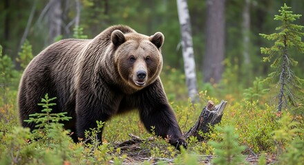 Fototapeta premium Majestic brown bear exploring a dense forest habitat during the daytime outdoors