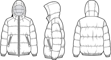 Puffer jacket CAD flat sketch, technical fashion drawing with hood, down winter coat vector template, front side back view