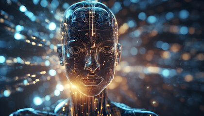 AI: A futuristic humanoid figure with glowing neural network connections.
