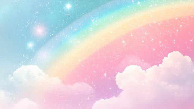 Holographic fantasy rainbow background with clouds, stars, and pastel sky