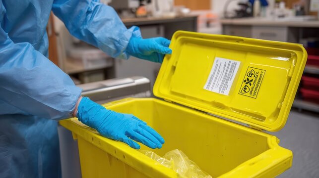Hazardous waste disposal in lab: suited technician opening yellow biohazard bin for discarding contaminated materials safely, adhering to strict waste management protocols.
