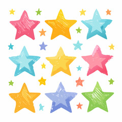 Obraz premium Various crayon drawn asterisks and star shapes. Colorful brush drawn asterisks, vector funky geometric figures.