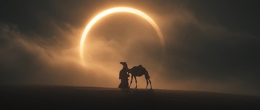 Anamorphic video Mystical Desert Journey. Silhouette of Nomad and Camel Under Glowing Circle.