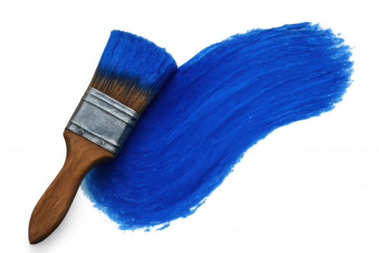 Wooden paintbrush sweeping vibrant blue stroke across transparent surface, highlighting artistic color exploration