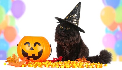 Fototapeta premium Halloween Kitty in Witch's Hat with Candy Corn