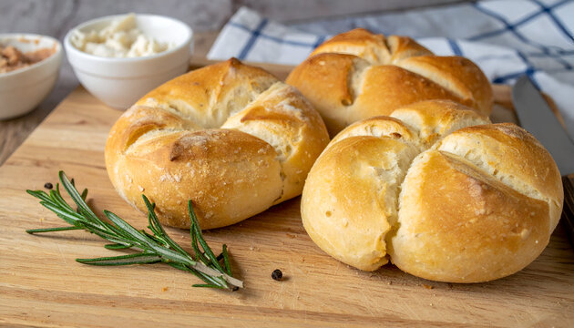 Three Golden Brown Crescentina Modenese Breads on Wooden Board