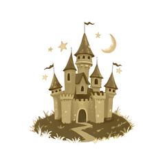 Obraz premium Whimsical fairytale castle with stars and moon, charming children’s fantasy illustration