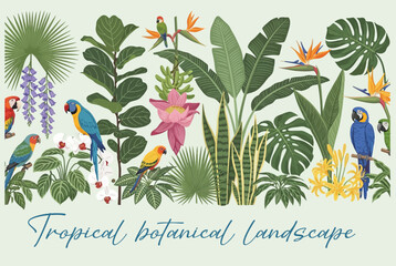 Tropical botanical landscape, palm tree, banana tree, plant floral seamless border background. Exotic green jungle wallpaper.