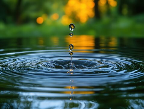 Close-up of water droplets falling into water and forming ripples on the surface of the water