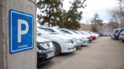 Parking area: Designated spot with a blue sign and white "P", indicating available parking for vehicles, with cars lined up in the background.