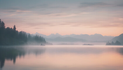 A serene lake reflecting the soft colors of dawn, with mountains and trees in the background.
