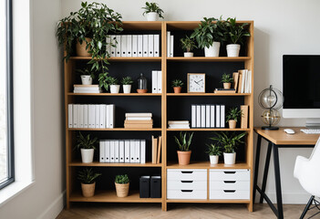 Office bookcase with plants and folders over wall
