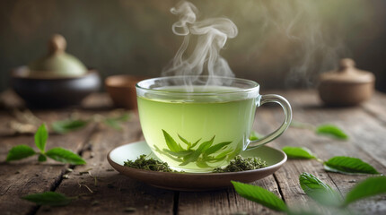 warm green tea served in clear glass cup on rustic wooden table with tea leaves captured in traditional room atmosphere drink aesthetic for advertising or menu wallpaper background