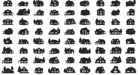 Silhouette illustration of various simple houses, minimal architecture design in black and white style.
