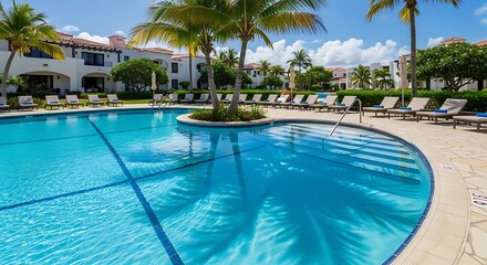 Luxurious resort swimming pool with crystal-clear water and tropical palm trees offers ultimate
