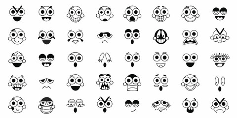 Collection of cartoon faces expressing different emotions in black and white style