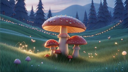 Enchanted forest with glowing mushrooms and fairy lights.