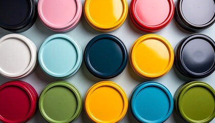 Colorful lids with flat lay, and background.