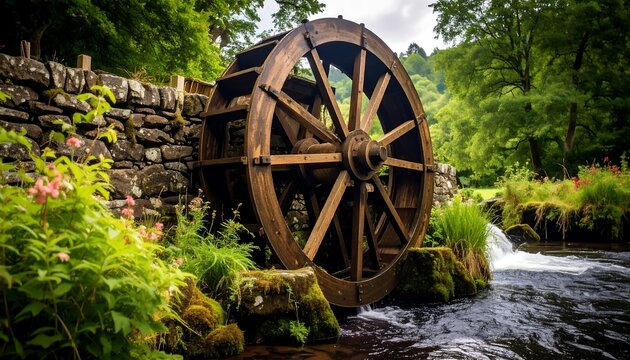 A large, wooden water wheel, situated beside a babbling brook, is a picturesque display of nature's power.