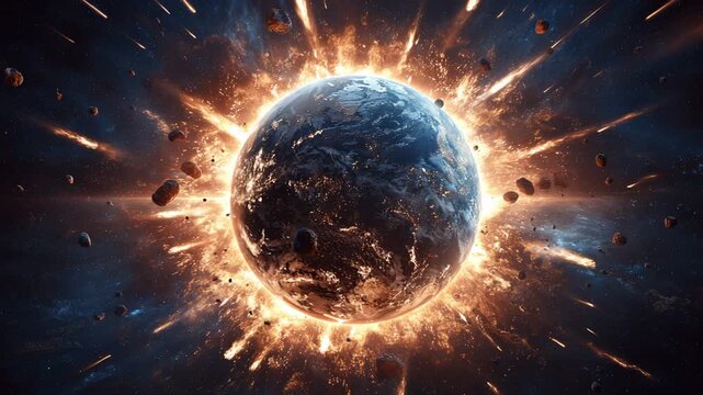 Planet exploding with fiery cosmic energy and dramatic burst of light in deep space scene