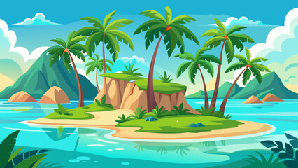 Obraz premium Vector art of cartoon tropical island with palm trees, sandy beach, and turquoise water, perfect for a summer vacation getaway in a paradise setting
