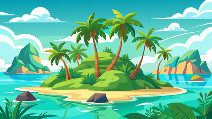 Obraz premium Vector art of vibrant tropical island scene with palm trees, sandy beach, and turquoise water, set against a backdrop of mountains and cloudy sky
