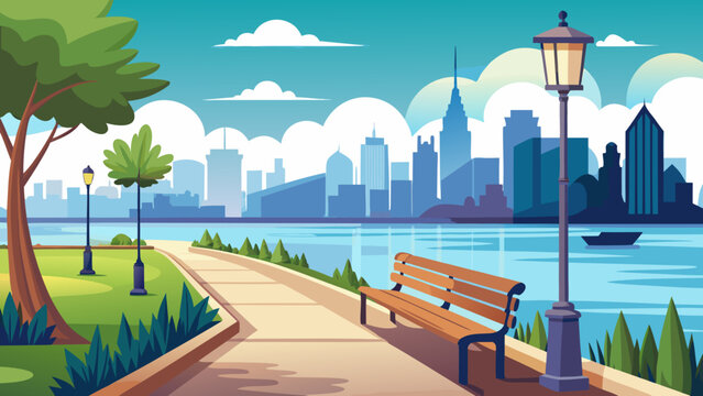 Vector art of a peaceful park scene with a city skyline, a river, and a bench, perfect for a relaxing day out