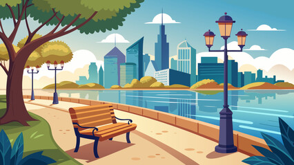 Fototapeta premium Vector art of a scenic city park with a bench overlooking the river and skyline, perfect for a relaxing day in nature and enjoying the urban landscape