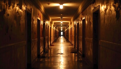 An endless abandoned asylum hallway, flickering lights casting shadows on walls oozing dark ichor, distorted faces fleeting in silence &mdash; a cinematic horror wallpaper full of dread and suspense.
