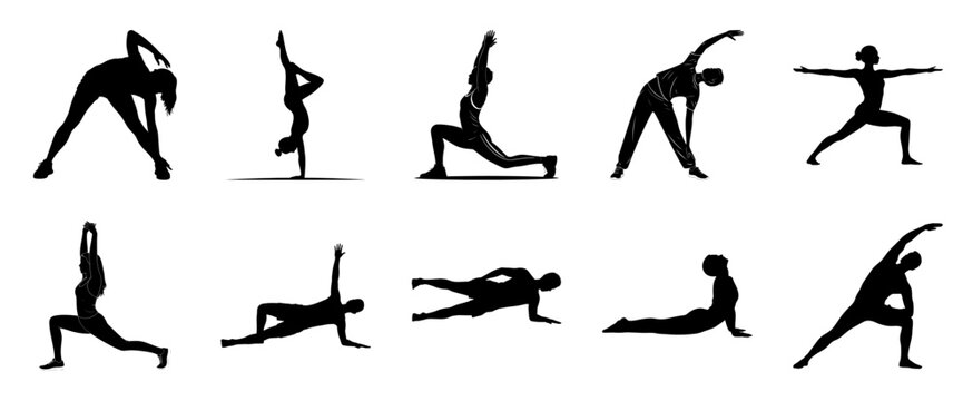 Diverse yoga poses silhouettes fitness exercise