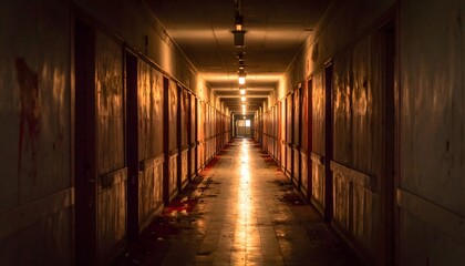 An endless abandoned asylum hallway, flickering lights casting shadows on walls oozing dark ichor, distorted faces fleeting in silence &mdash; a cinematic horror wallpaper full of dread and suspense.