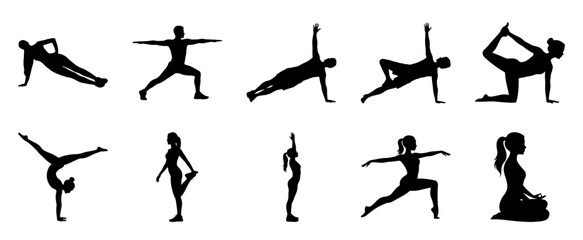 Yoga poses silhouettes fitness exercise