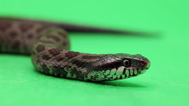 Serpent's gaze: detailed close-up of a snake against a striking green backdrop
