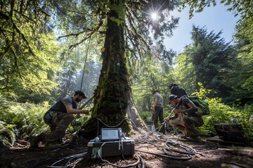 Researchers Studying Large Tree in Forest