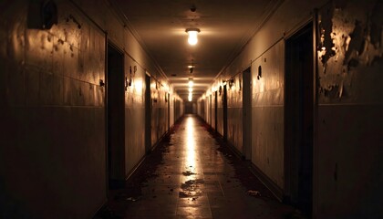 Fototapeta premium An endless abandoned asylum hallway, flickering lights casting shadows on walls oozing dark ichor, distorted faces fleeting in silence — a cinematic horror wallpaper full of dread and suspense.