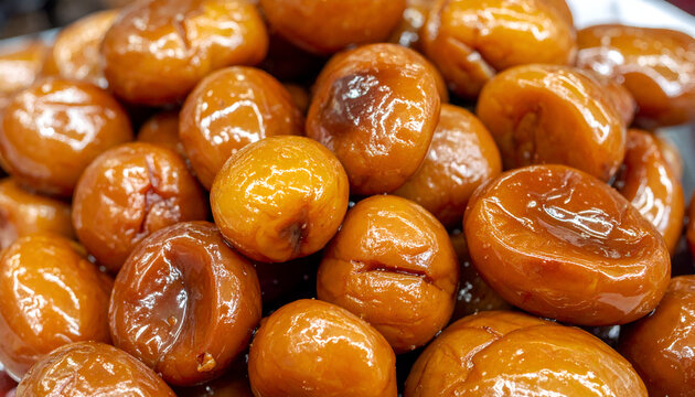 Close-Up of Shiny Amber-Glazed Candied Chestnuts