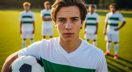 Fototapeta premium Confident Young Male Soccer Player Holding a Ball on the Field - Sports and Determination