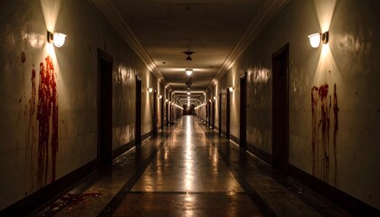 Fototapeta premium An endless abandoned asylum hallway, flickering lights casting shadows on walls oozing dark ichor, distorted faces fleeting in silence — a cinematic horror wallpaper full of dread and suspense.